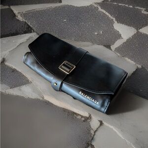 NEW Balenciaga Black Foldover Faux Leather Clutch Sunglasses Case Organizer